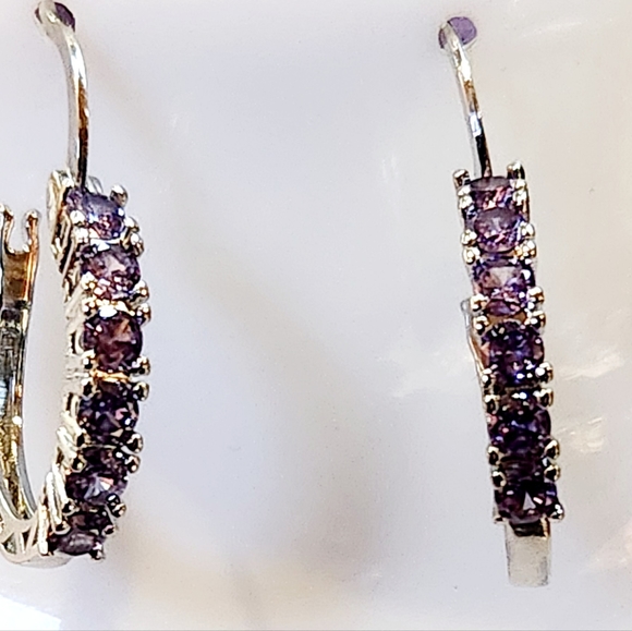 Stunning Amethyst Rhinestone Earrings Purple Stones Silver Hoop NWT Christmas - Picture 4 of 7